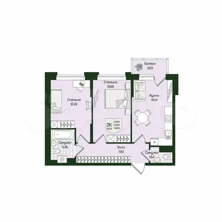 2-к. квартира, 55,5 м, 4/4 эт. - Фото 0