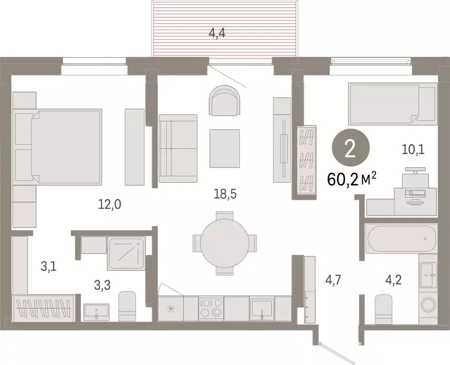 2-комнатная квартира: Омск, Кировский округ (60.15 м) - Фото 1