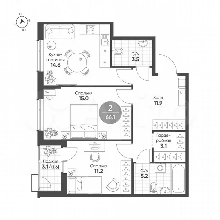 2-к. квартира, 62,4 м, 2/9 эт. - Фото 1