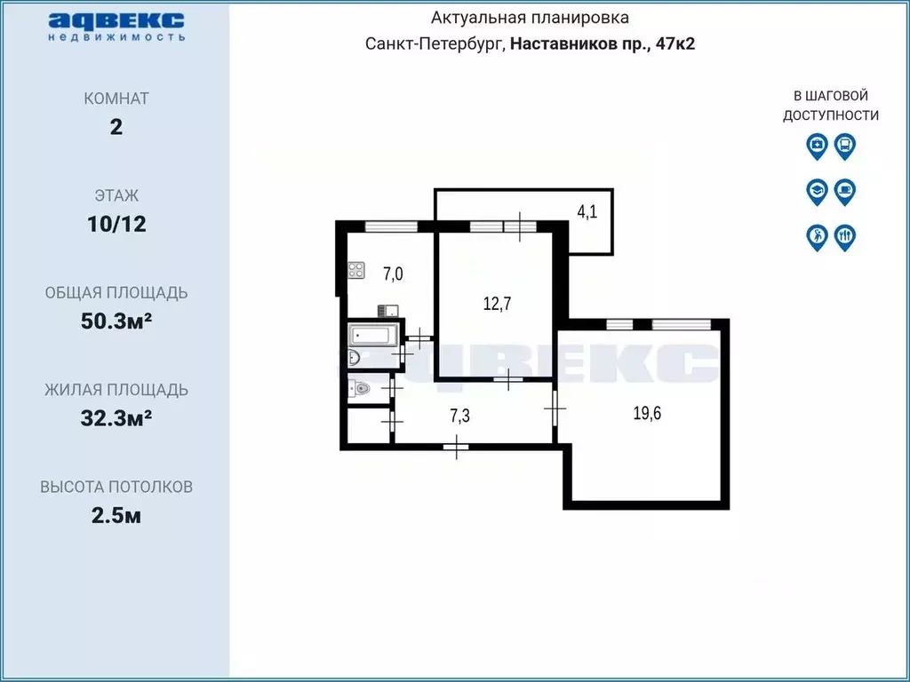 2-к кв. Санкт-Петербург просп. Наставников, 47К2 (50.3 м) - Фото 2