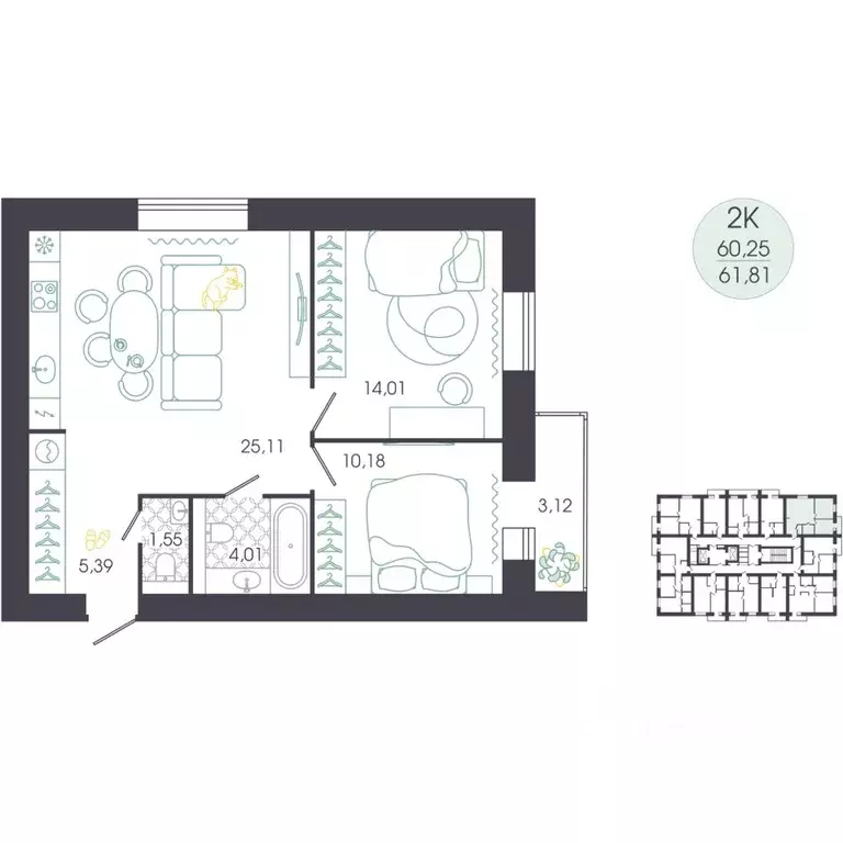 2-к кв. Пензенская область, Пенза Колышлейская ул., 7 (63.86 м) - Фото 2