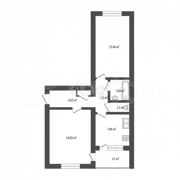 2-к. квартира, 48,7 м, 3/5 эт. - Фото 0
