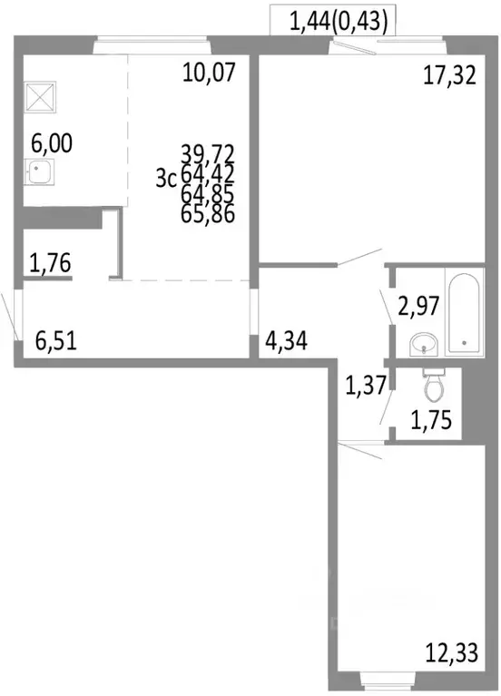 3-к кв. Челябинская область, Челябинск ул. Блюхера, 125В (64.85 м) - Фото 0