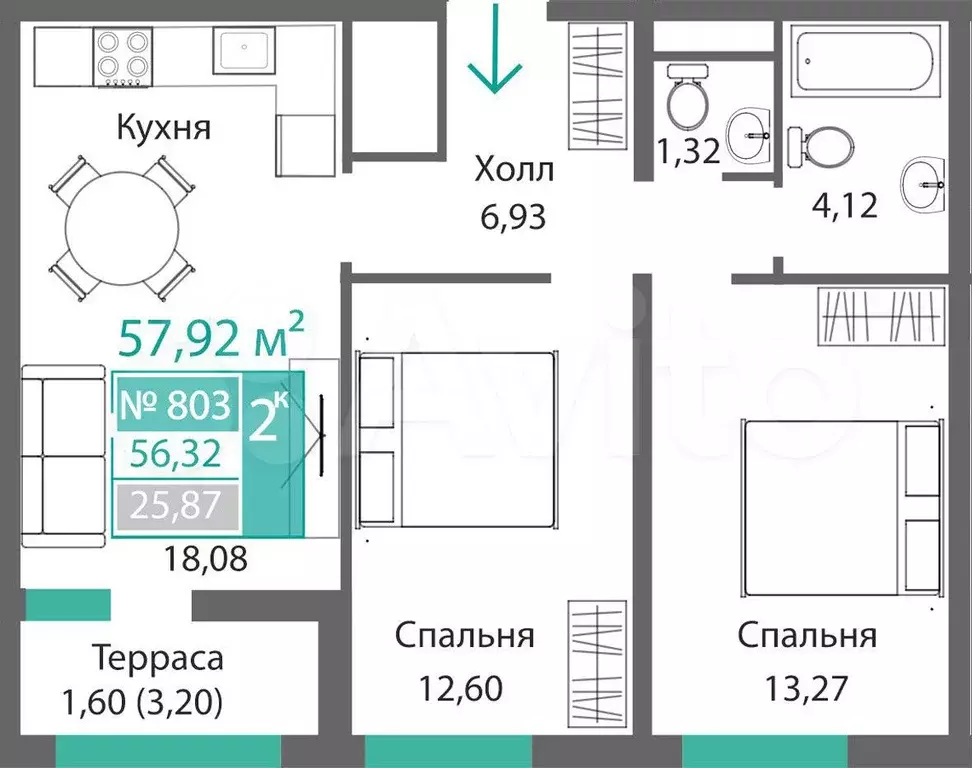 2-к. квартира, 57,9 м, 8/9 эт. - Фото 0