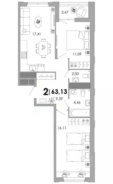 2-к кв. Владимирская область, Владимир Уно жилой комплекс (63.13 м) - Фото 1