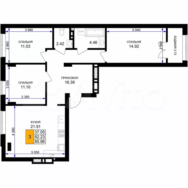 3-к. квартира, 86 м, 6/7 эт. - Фото 1