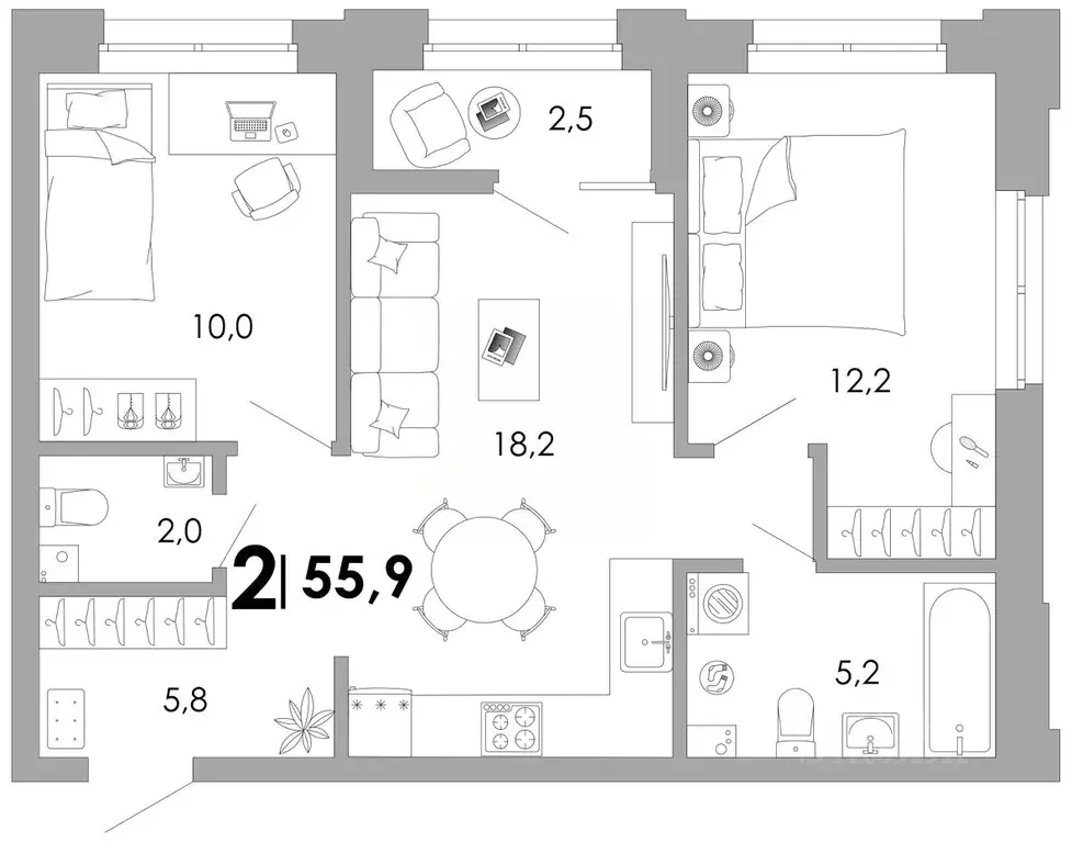 2-к кв. Владимирская область, Владимир Уно жилой комплекс (55.9 м) - Фото 1