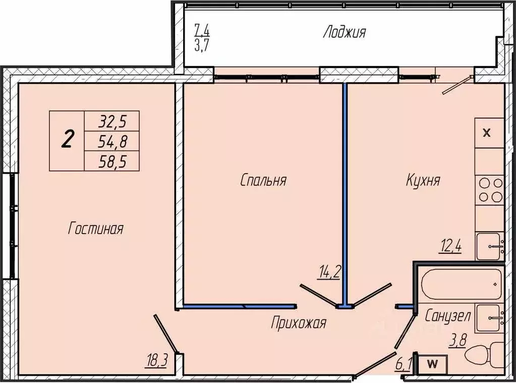 2-к кв. Кемеровская область, Кемерово просп. Притомский, 30Б (58.5 м) - Фото 1