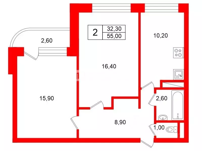 2-к кв. Санкт-Петербург ул. Хошимина, 13к1 (55.0 м) - Фото 2