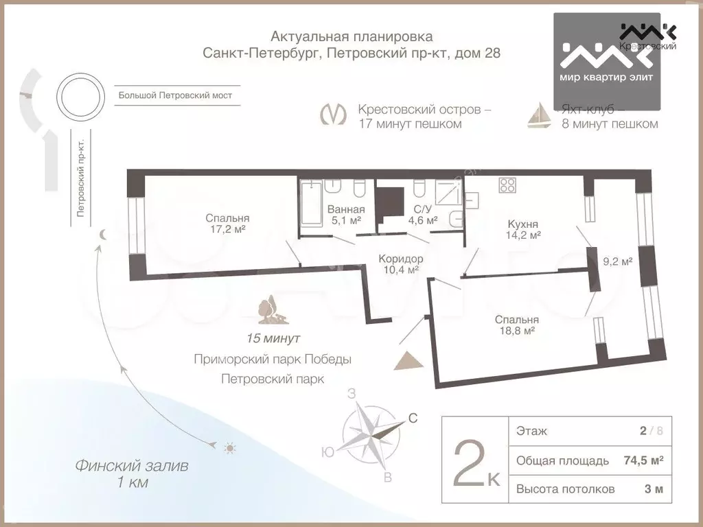 2-к. квартира, 74,5 м, 2/8 эт. - Фото 0