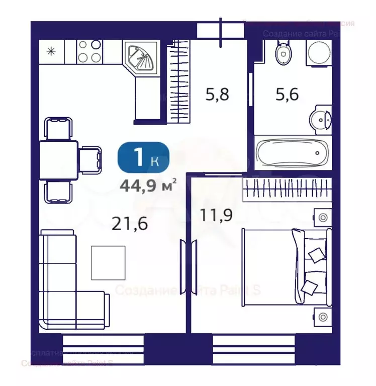 1-к. квартира, 44,9 м, 1/7 эт. - Фото 1