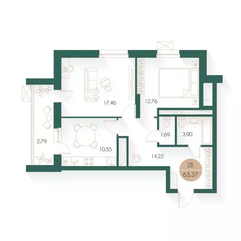 2-к кв. Татарстан, Казань Родины мкр, Наследие жилой комплекс (63.37 ... - Фото 1