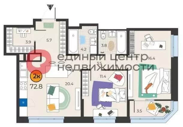2-комнатная квартира: Тюмень, улица Эльвиры Федоровой, 1к1 (72.8 м) - Фото 1