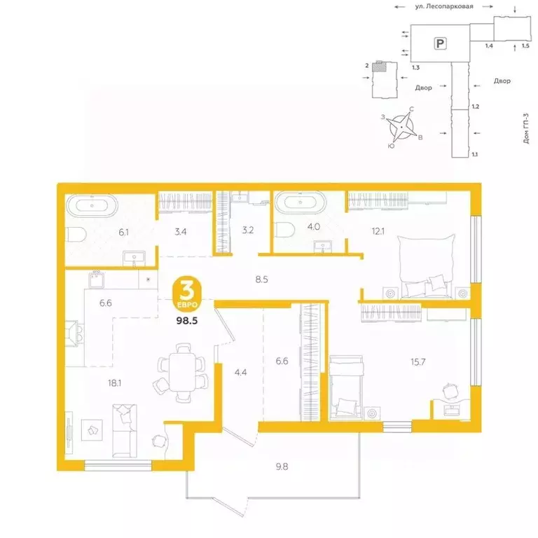3-к кв. Тюменская область, Тюмень ул. Лесопарковая, 20 (98.5 м) - Фото 0