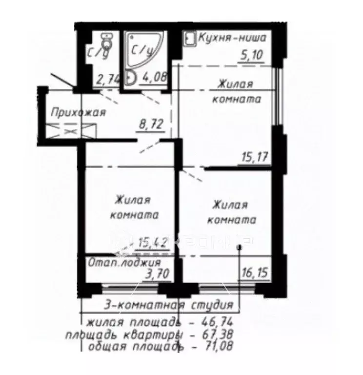 Квартира, 3 комнаты, 71.08 м - Фото 1