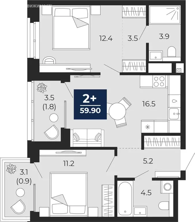 2-комнатная квартира: Тюмень, проезд Капитана Куликова, 5 (63.8 м) - Фото 1