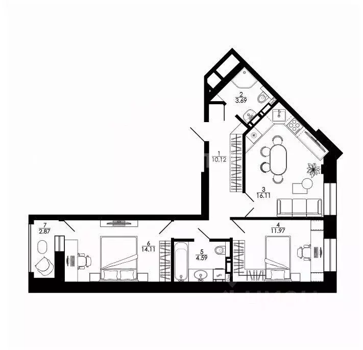 2-к кв. Липецкая область, Липецк ул. Е.И. Замятина, 1 (65.5 м) - Фото 2