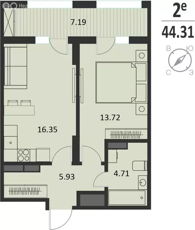 1-комнатная квартира: Курск, Хуторская улица, 33 (44.31 м) - Фото 0