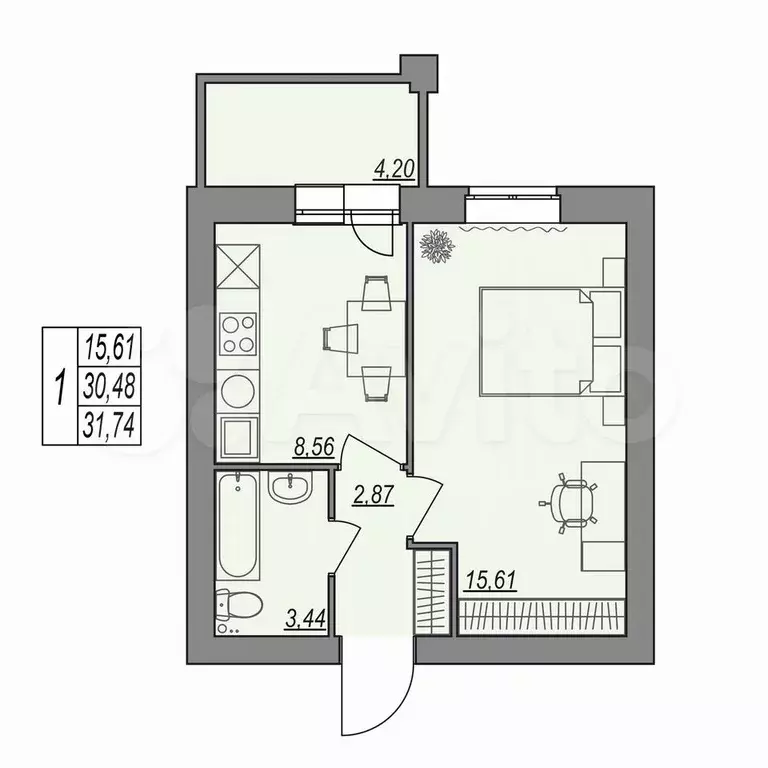 1-к. квартира, 31,7 м, 5/7 эт. - Фото 0