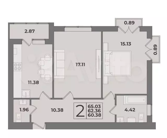 2-к. квартира, 62,4 м, 4/9 эт. - Фото 1