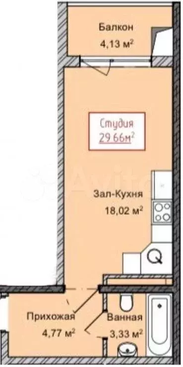 Квартира-студия, 29,7 м, 4/13 эт. - Фото 1