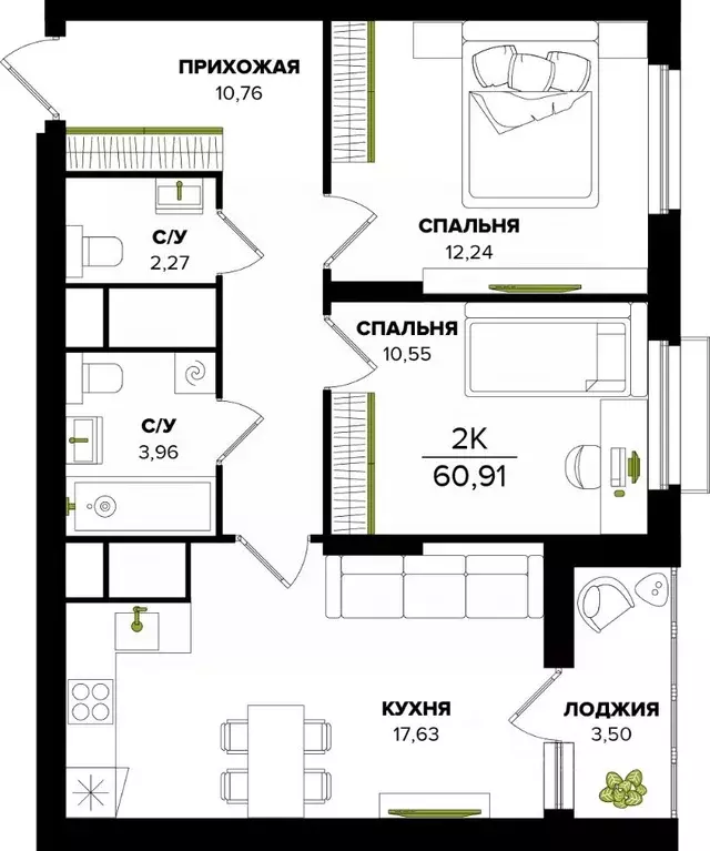 2-к кв. Тульская область, Тула  (60.91 м) - Фото 0