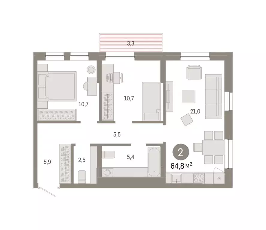 2-комнатная квартира: Тюмень, улица Республики, 205к1 (64.75 м) - Фото 1