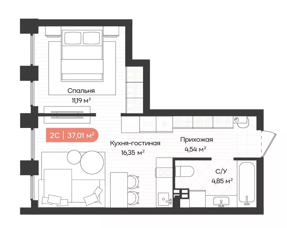 1-комнатная квартира: Новосибирск, Ленинградская улица, 340 (36.93 м) - Фото 0