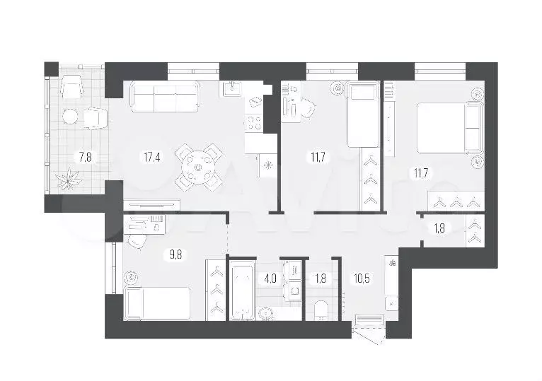 3-к. квартира, 76,5 м, 3/9 эт. - Фото 1