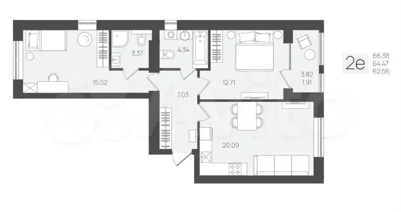 2-к. квартира, 64,5 м, 2/5 эт. - Фото 1