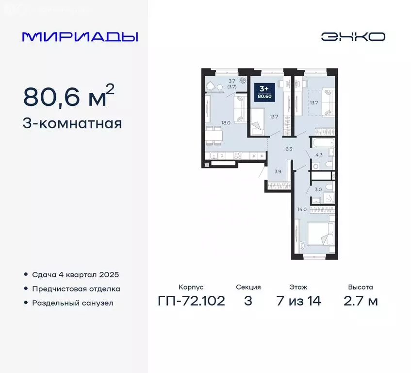 3-комнатная квартира: Тюмень, Ленинский округ (80.6 м) - Фото 0