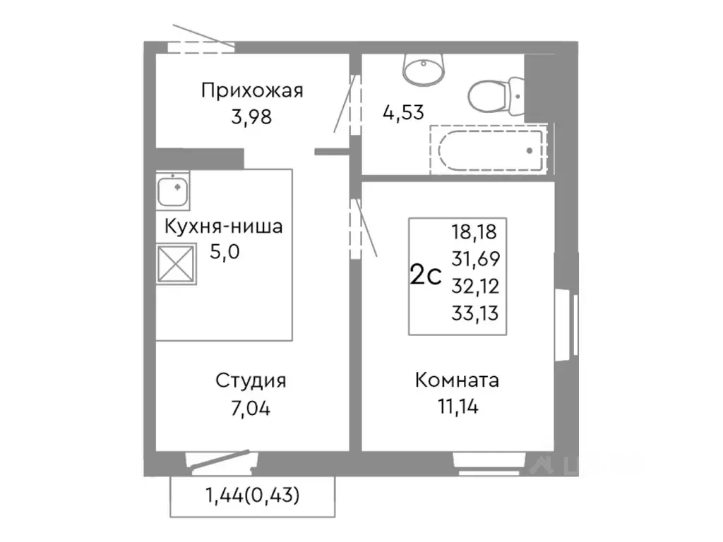 2-к кв. Челябинская область, Челябинск ул. Танкистов, 175 (32.12 м) - Фото 1