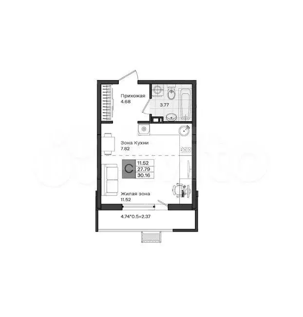 Квартира-студия, 30,2 м, 5/8 эт. - Фото 0
