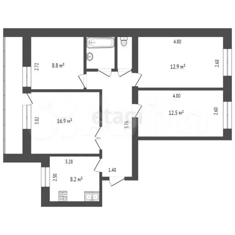 4-к. квартира, 72,4 м, 3/9 эт. - Фото 0