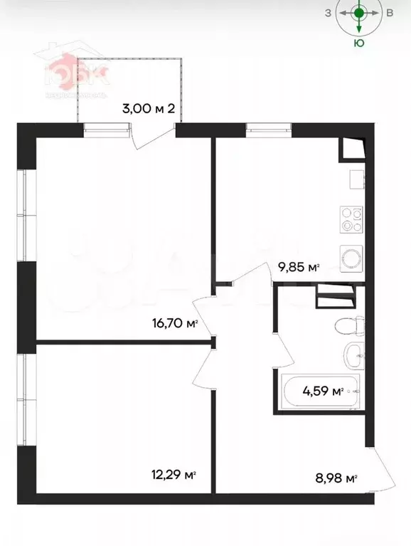 2-к. квартира, 55,4 м, 2/4 эт. - Фото 0