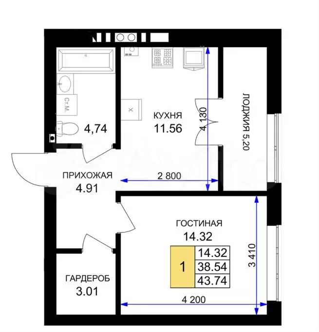 1-к. квартира, 43,7 м, 5/7 эт. - Фото 1