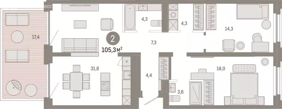 2-комнатная квартира: Тюмень, Мысовская улица, 26к2 (105.31 м) - Фото 1