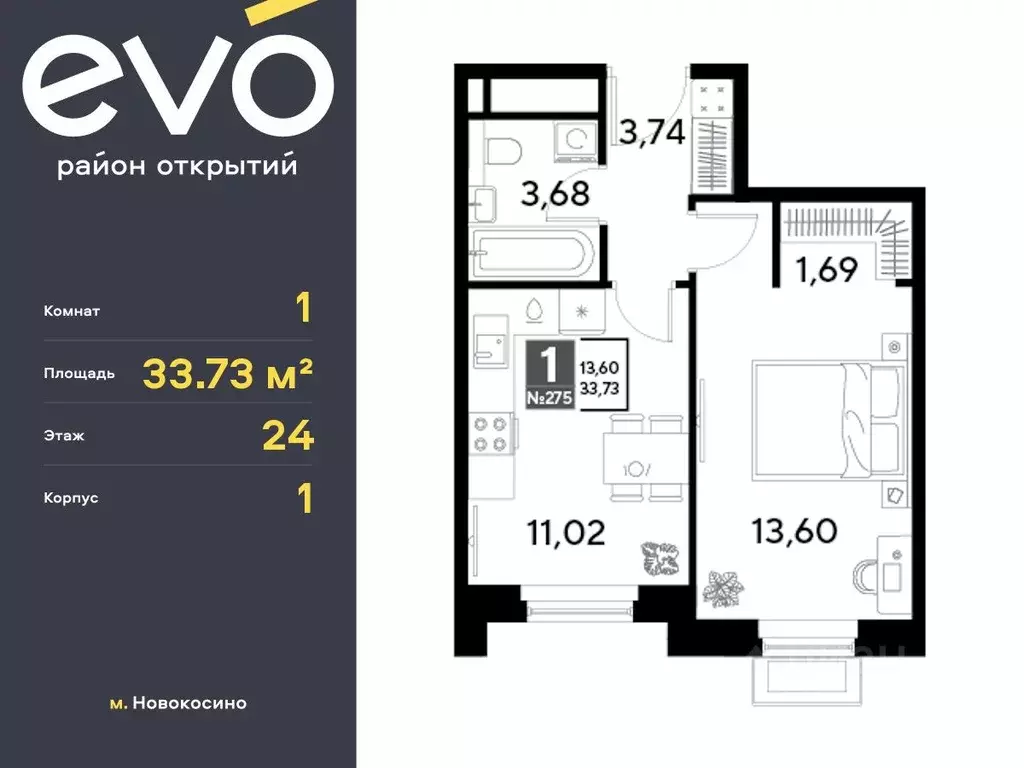 1-к кв. Московская область, Реутов 3-й мкр, Эво жилой комплекс, к1 ... - Фото 0