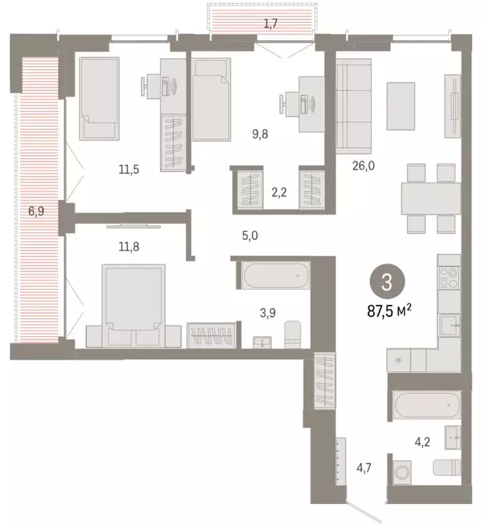 3-комнатная квартира: Новосибирск, Большевистская улица, 66 (87.49 м) - Фото 1