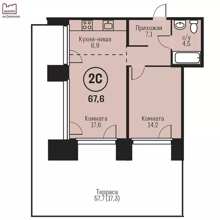 2-к квартира, 67.6 м - Фото 0