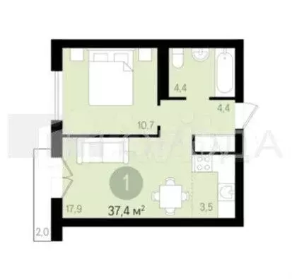 1-к. квартира, 38 м, 6/9 эт. - Фото 0