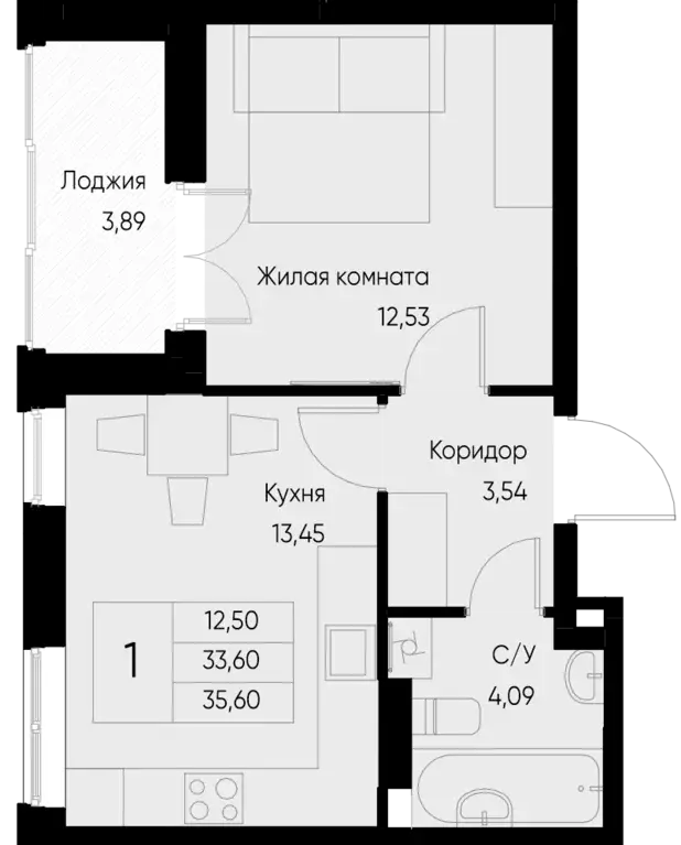 1-к квартира, 35.6 м - Фото 0