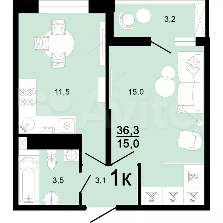 1-к. квартира, 36,3 м, 3/8 эт. - Фото 1