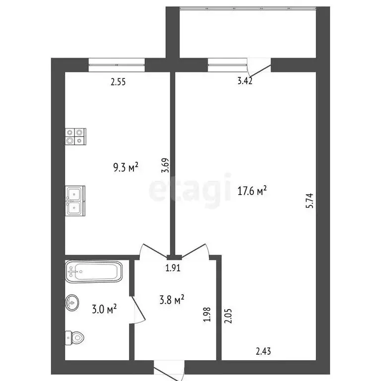 1-комнатная квартира: село Фролы, Весенняя улица, 16А (33.8 м) - Фото 1