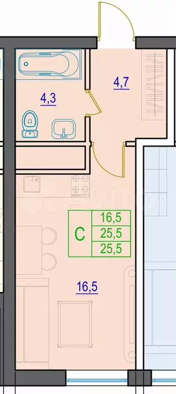 Квартира-студия, 25,5 м, 7/21 эт. - Фото 0