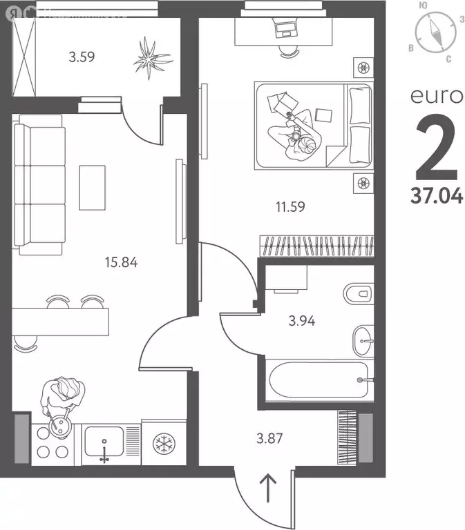 1-комнатная квартира: Липецк, улица Перова, 2Г (37.04 м) - Фото 1