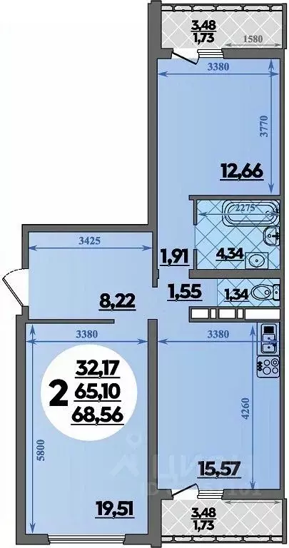 2-к кв. Адыгея, Майкоп  (68.56 м) - Фото 1