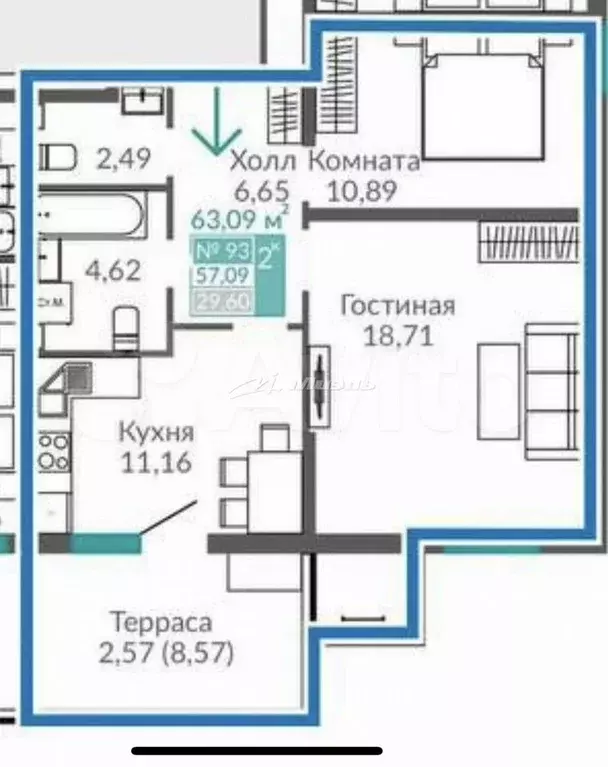 2-к. квартира, 63,1 м, 1/10 эт. - Фото 0