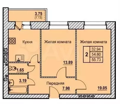 2-к. квартира, 55,7 м, 4/14 эт. - Фото 0