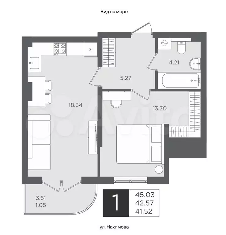 1-к. квартира, 42,5 м, 3/4 эт. - Фото 1